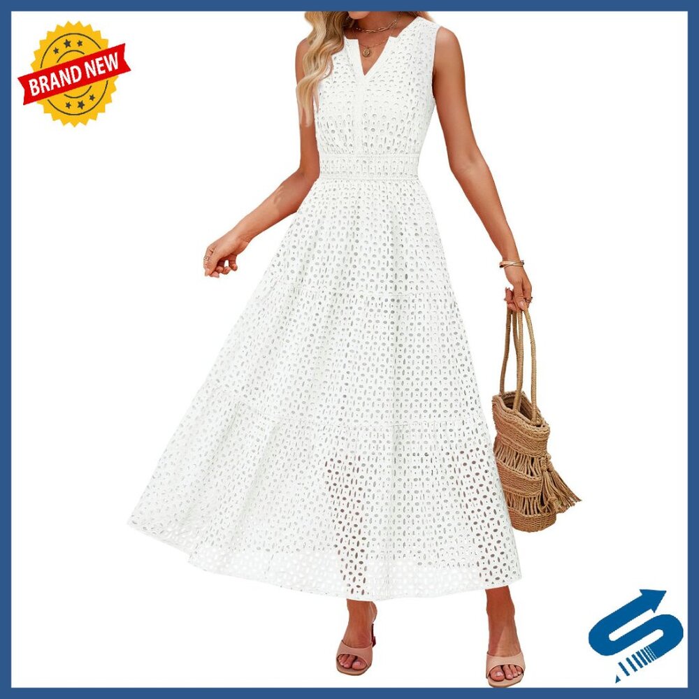 Sleeveless Eyelet Maxi Dress, V-Neck, Empire Waist, Side Pockets, Flowy A-Line
